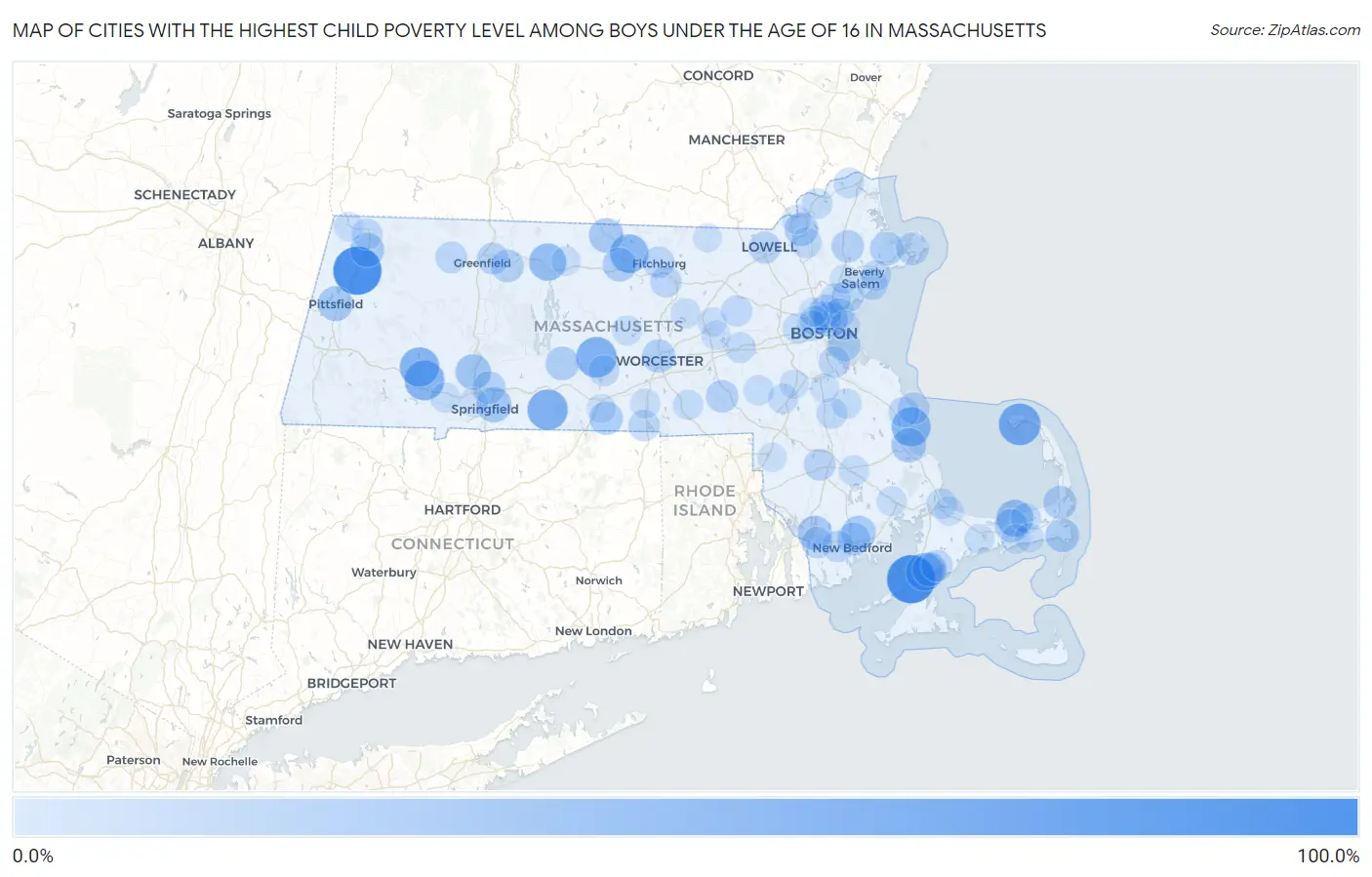 Cities with the Highest Child Poverty Level Among Boys Under the Age of 16 in Massachusetts Map