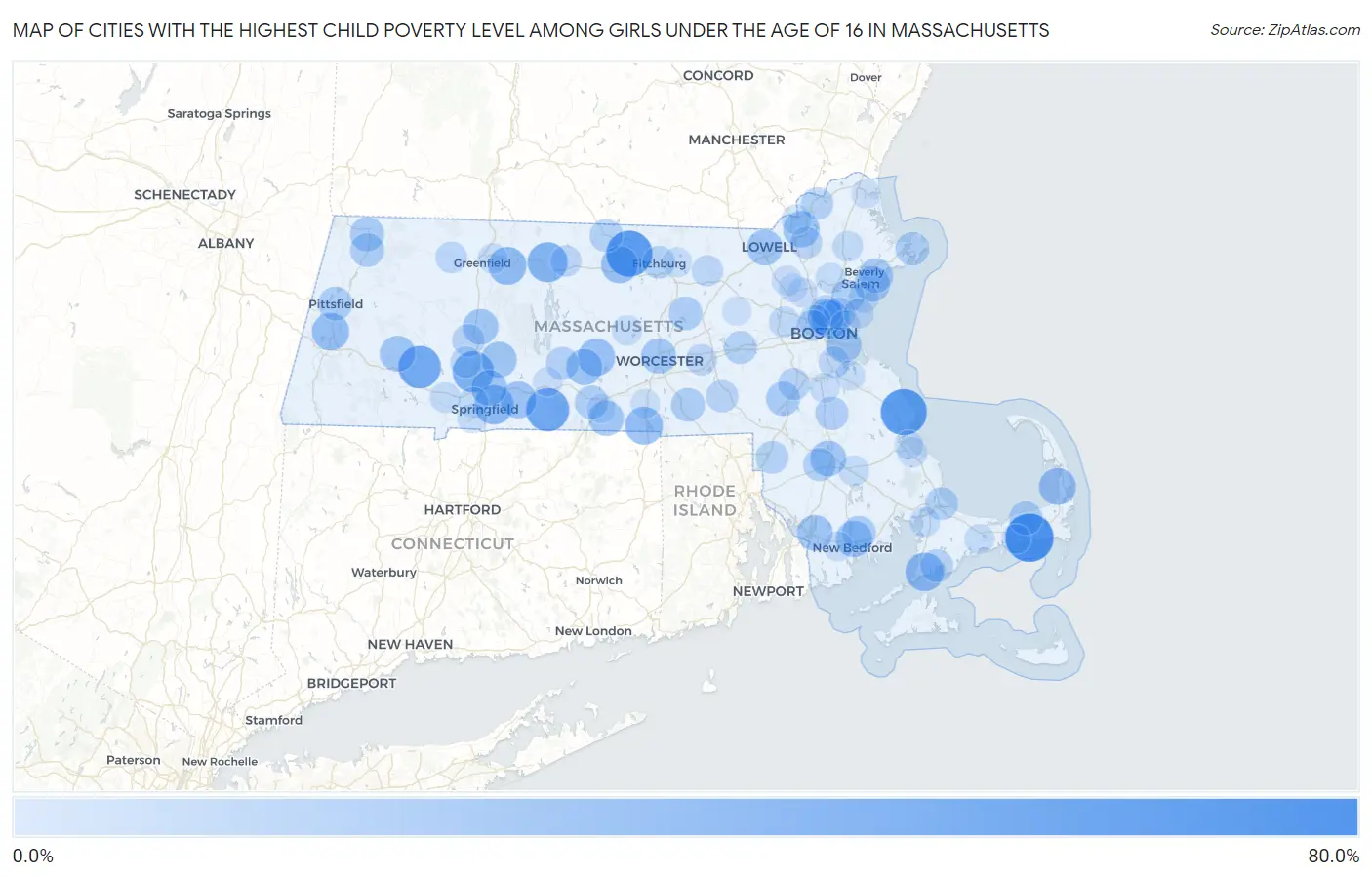 Cities with the Highest Child Poverty Level Among Girls Under the Age of 16 in Massachusetts Map