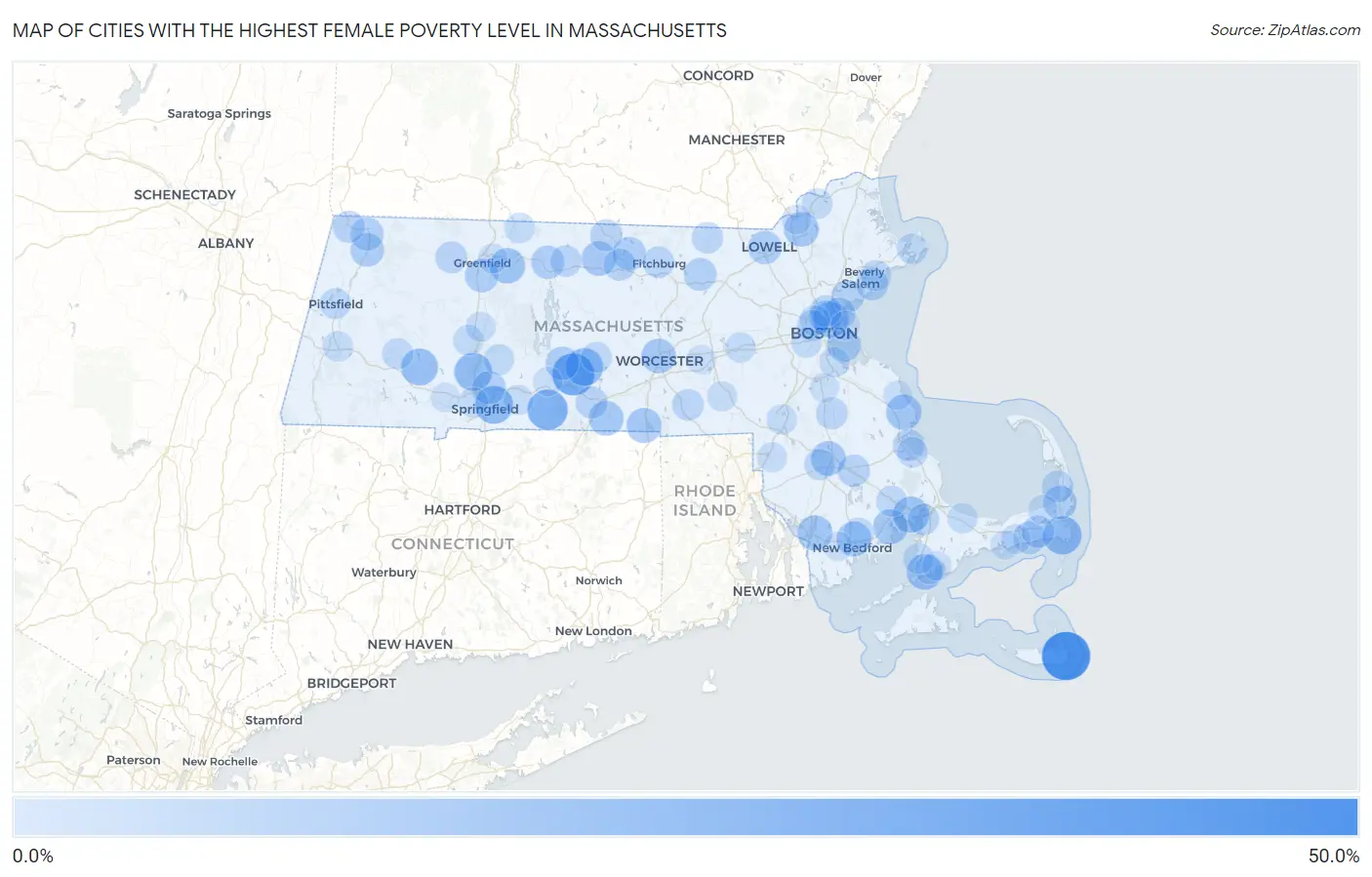 Cities with the Highest Female Poverty Level in Massachusetts Map