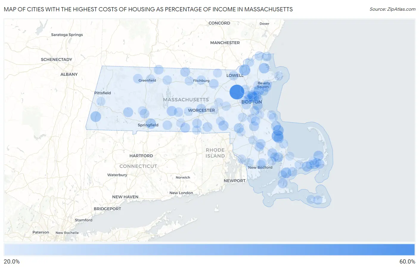 Cities with the Highest Costs of Housing as Percentage of Income in Massachusetts Map