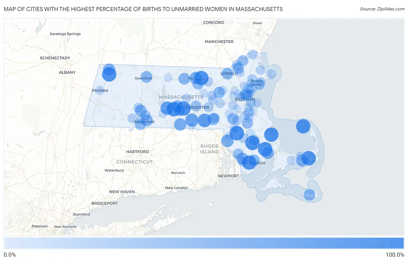 Cities with the Highest Percentage of Births to Unmarried Women in Massachusetts Map