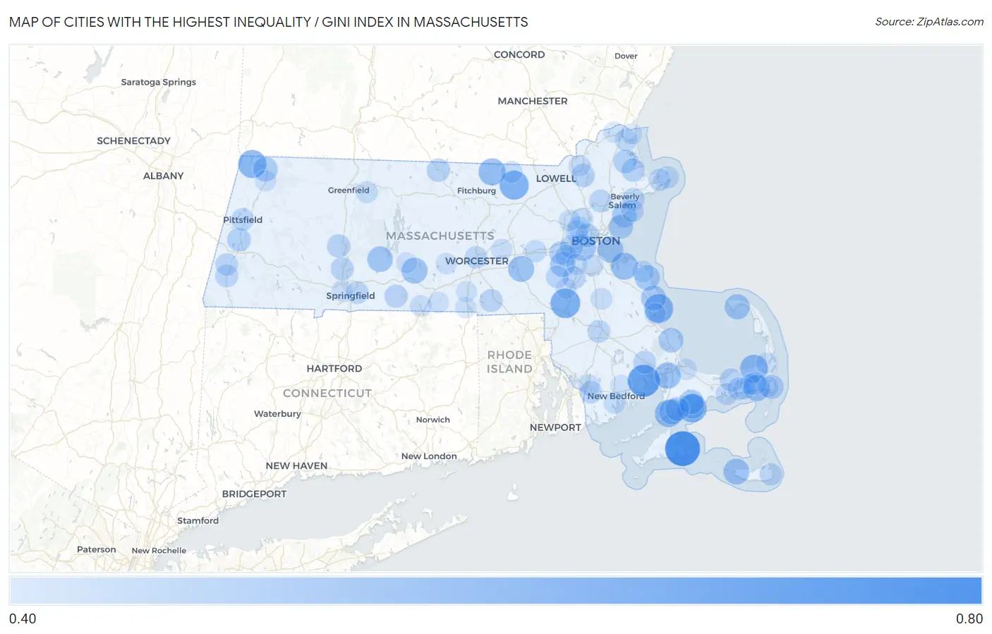 Cities with the Highest Inequality / Gini Index in Massachusetts Map