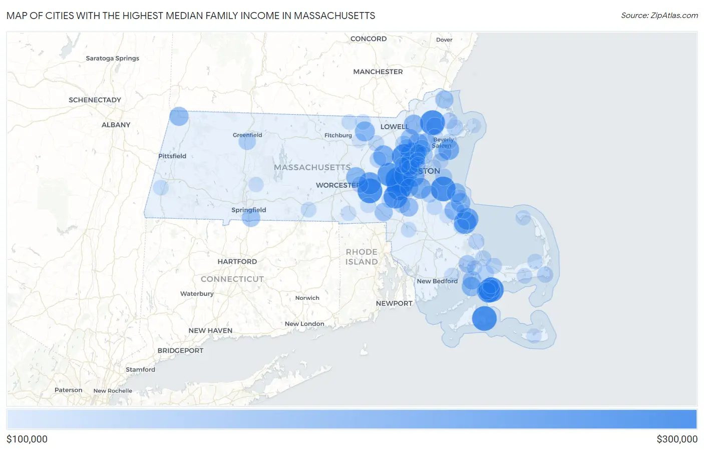 Cities with the Highest Median Family Income in Massachusetts Map