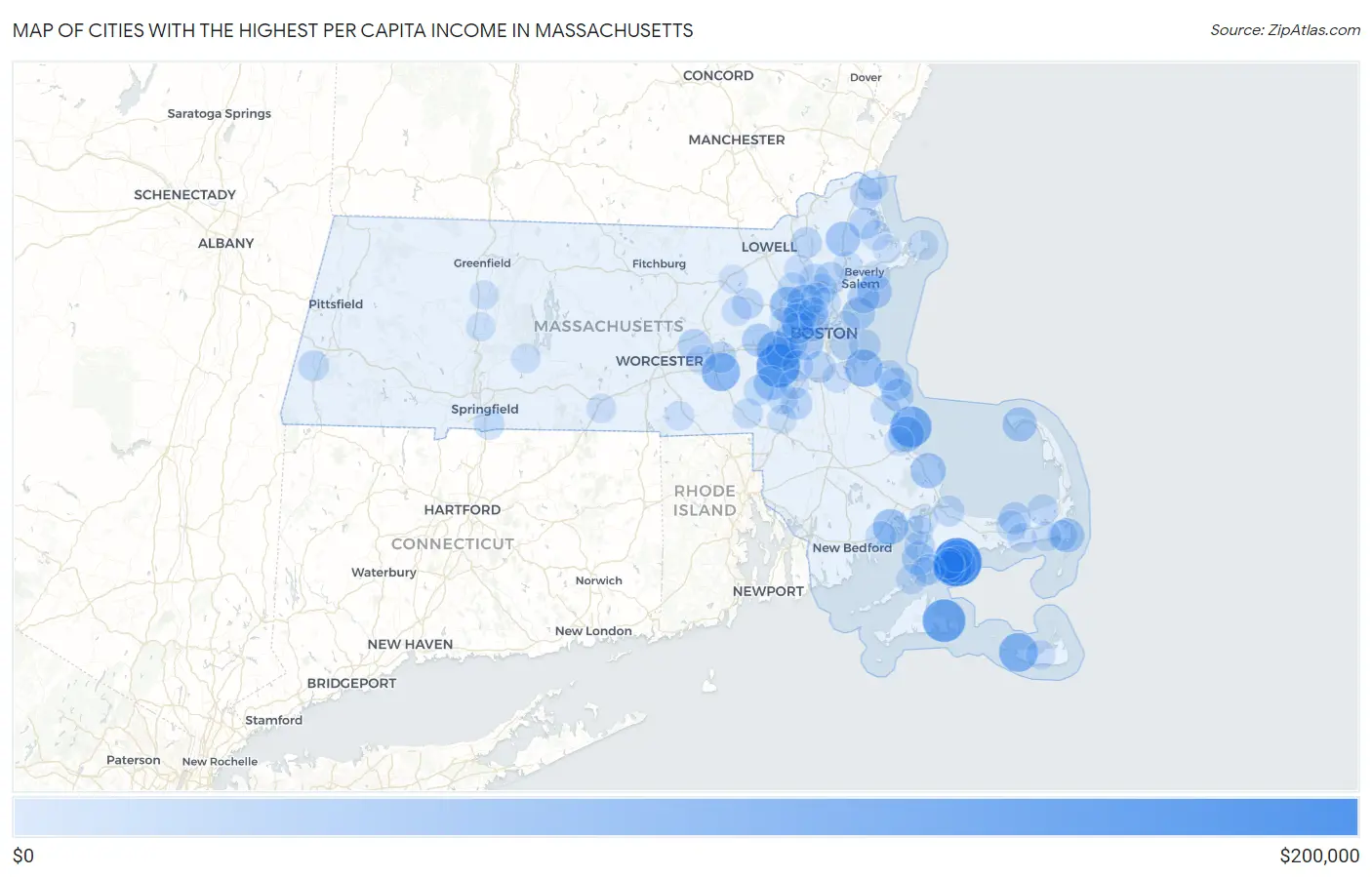 Cities with the Highest Per Capita Income in Massachusetts Map