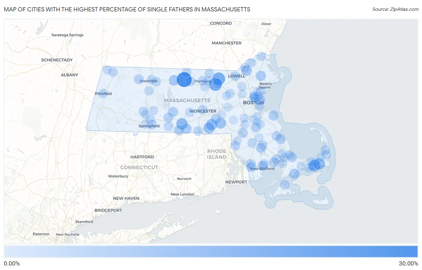 Cities with the Highest Percentage of Single Fathers in Massachusetts Map