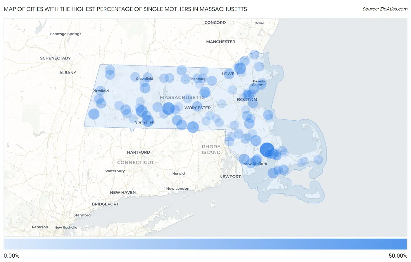 Cities with the Highest Percentage of Single Mothers in Massachusetts Map
