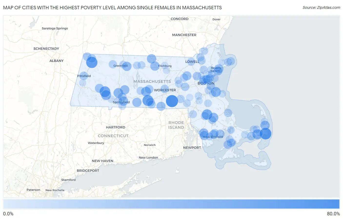 Cities with the Highest Poverty Level Among Single Females in Massachusetts Map