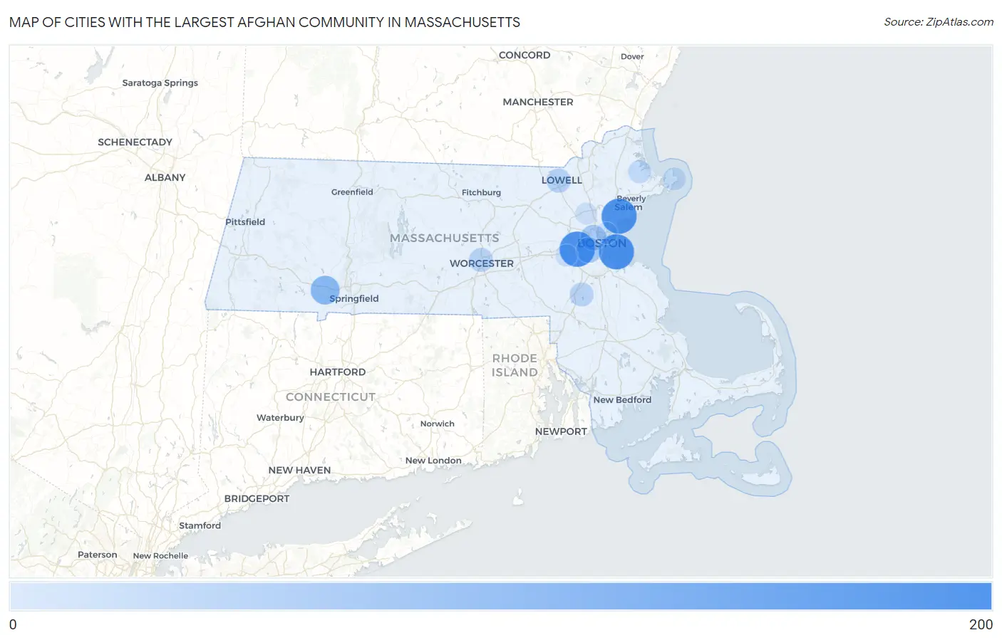 Cities with the Largest Afghan Community in Massachusetts Map