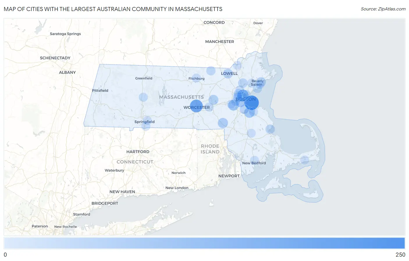 Cities with the Largest Australian Community in Massachusetts Map