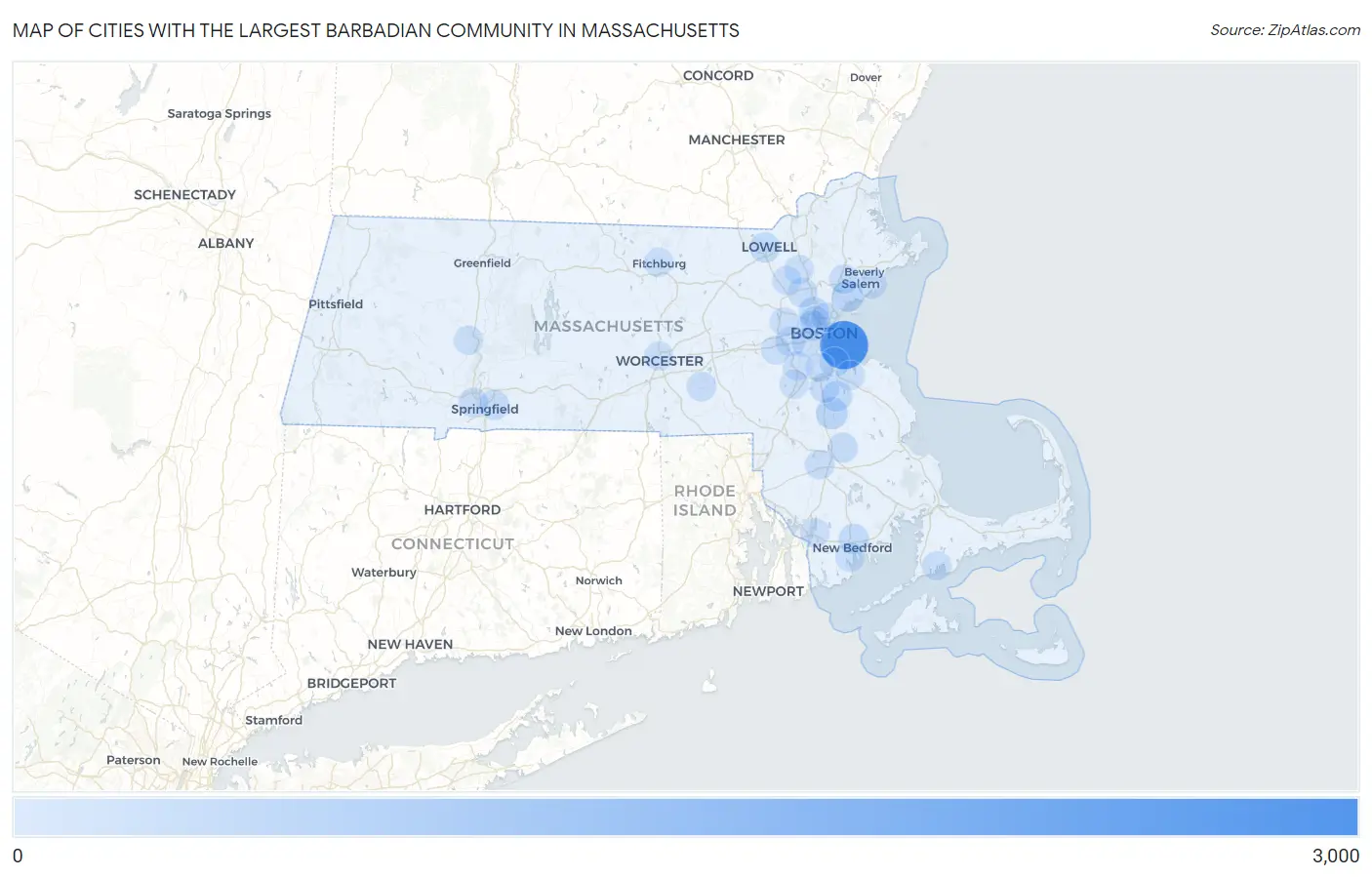 Cities with the Largest Barbadian Community in Massachusetts Map