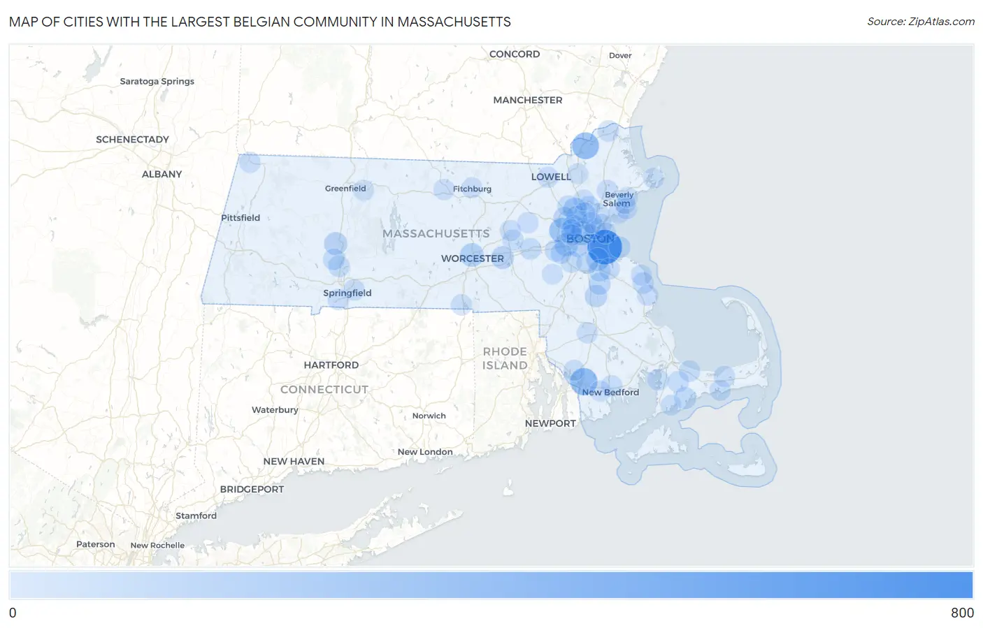 Cities with the Largest Belgian Community in Massachusetts Map