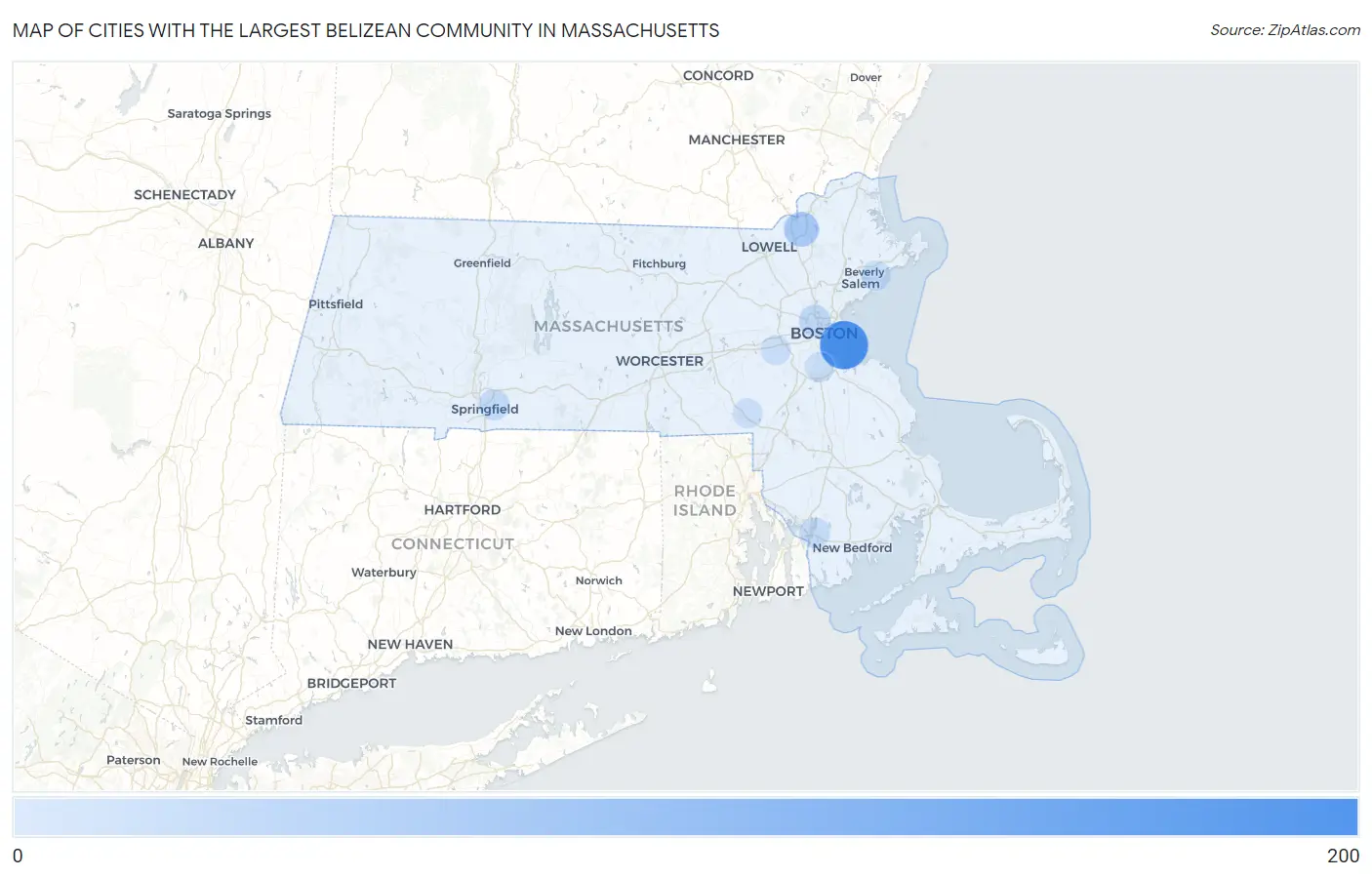 Cities with the Largest Belizean Community in Massachusetts Map