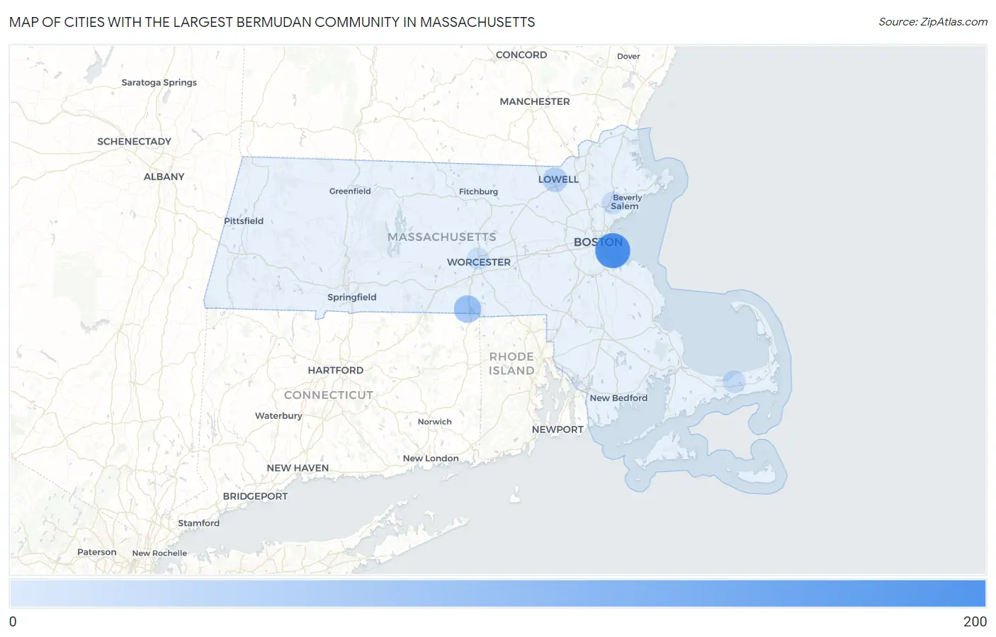 Cities with the Largest Bermudan Community in Massachusetts Map