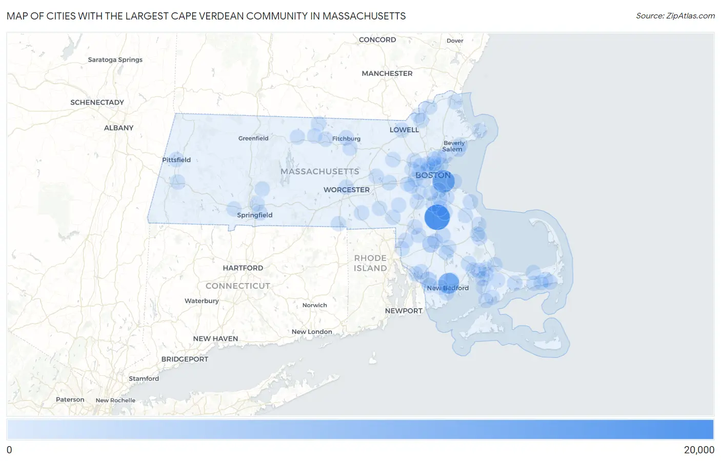 Cities with the Largest Cape Verdean Community in Massachusetts Map