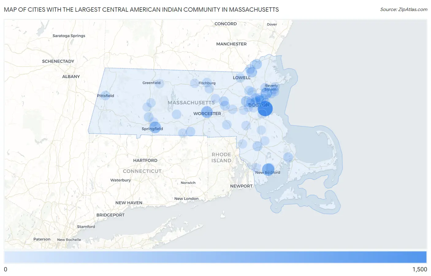 Cities with the Largest Central American Indian Community in Massachusetts Map
