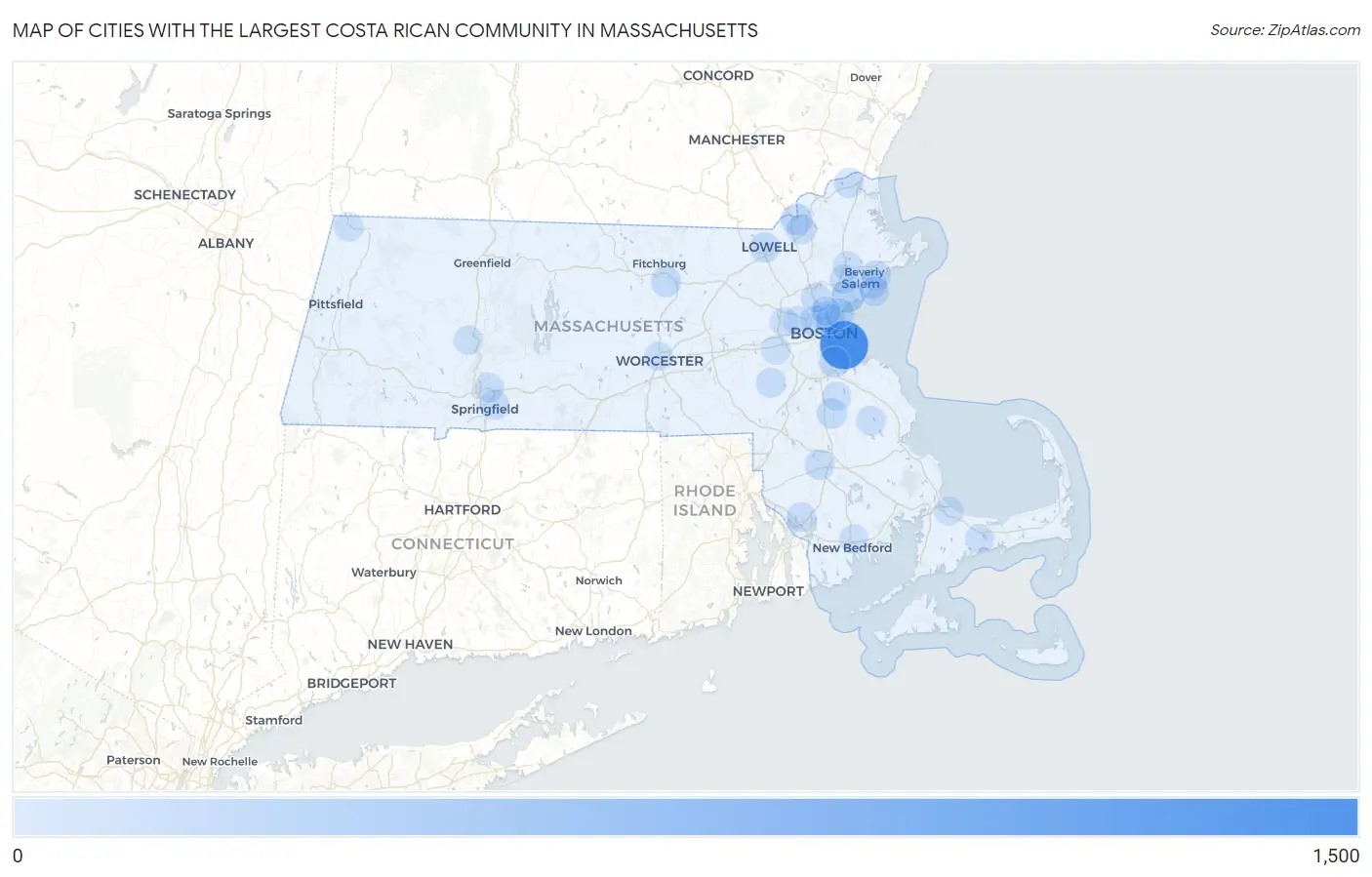 Cities with the Largest Costa Rican Community in Massachusetts Map