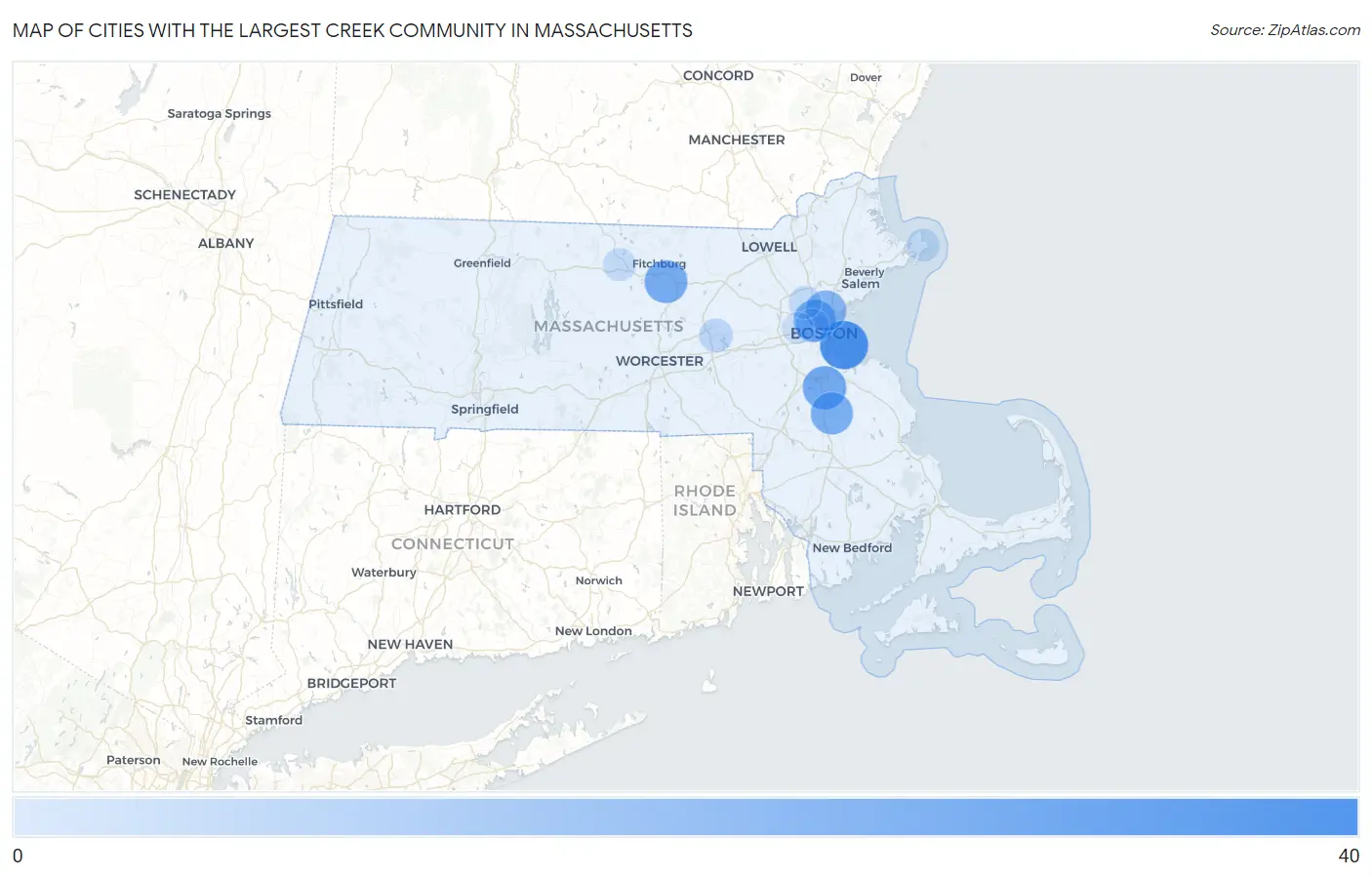 Cities with the Largest Creek Community in Massachusetts Map