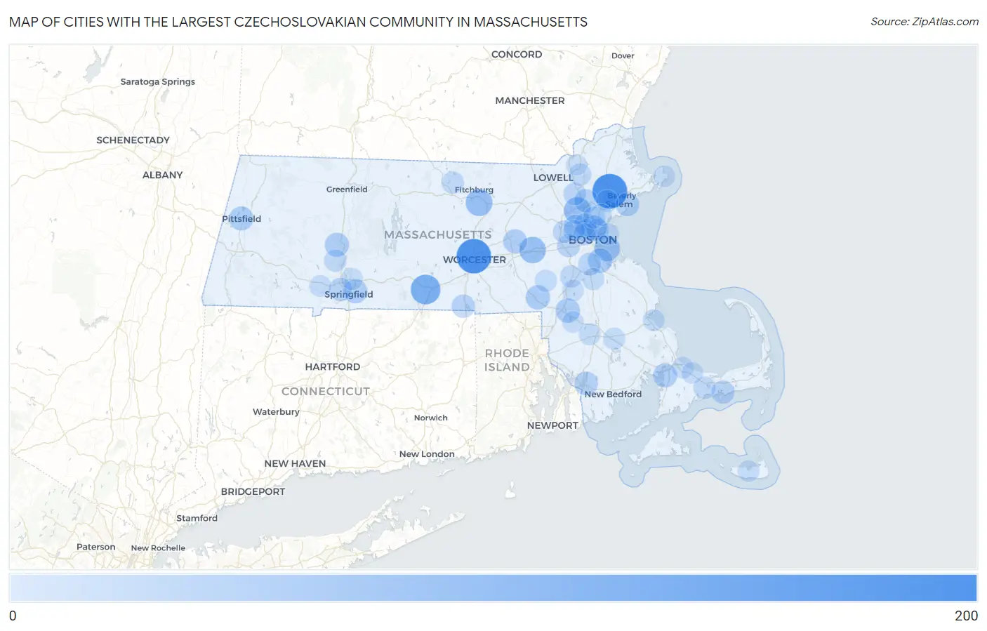 Cities with the Largest Czechoslovakian Community in Massachusetts Map