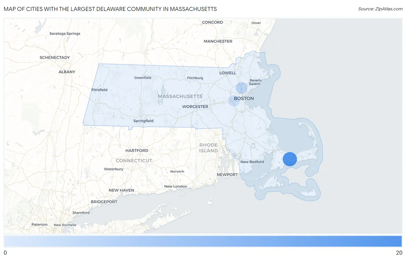 Cities with the Largest Delaware Community in Massachusetts Map