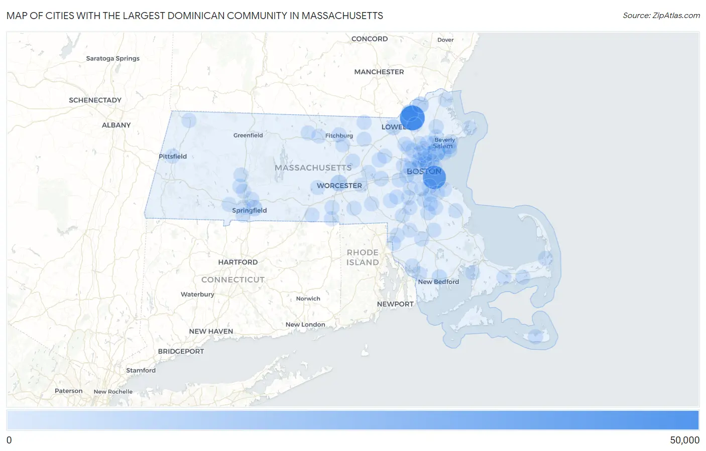 Cities with the Largest Dominican Community in Massachusetts Map