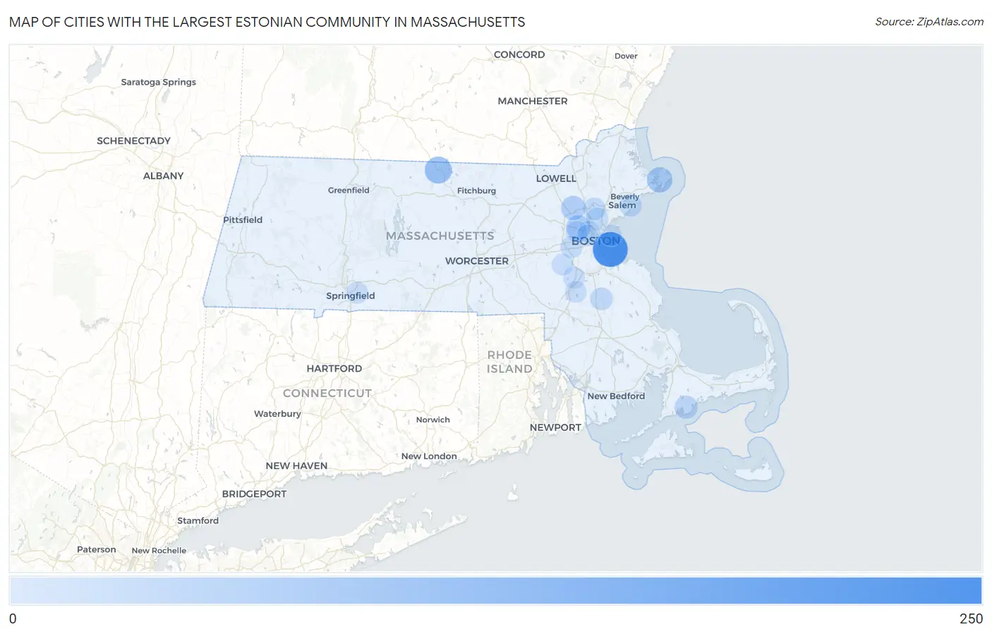 Cities with the Largest Estonian Community in Massachusetts Map