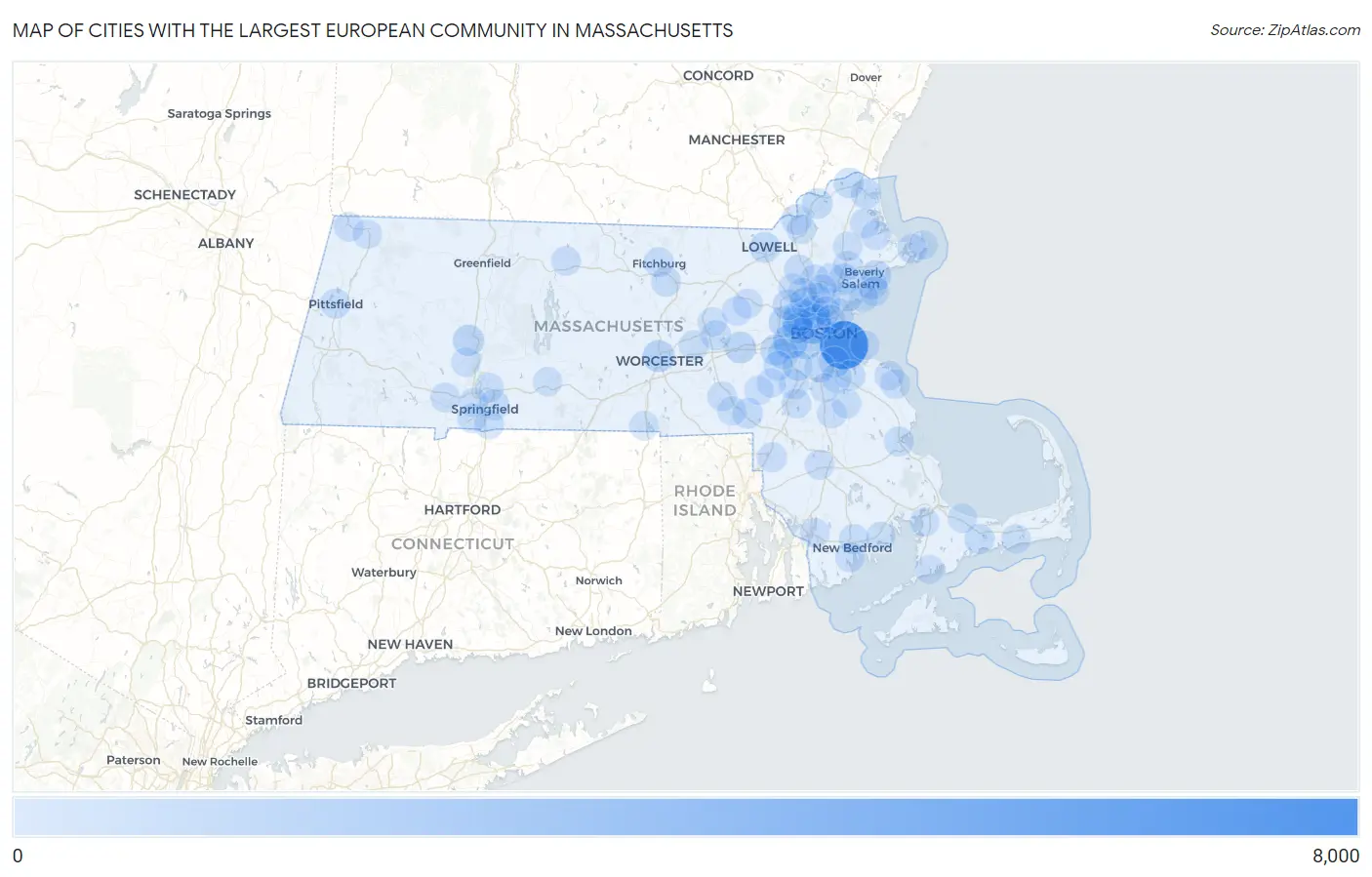 Cities with the Largest European Community in Massachusetts Map