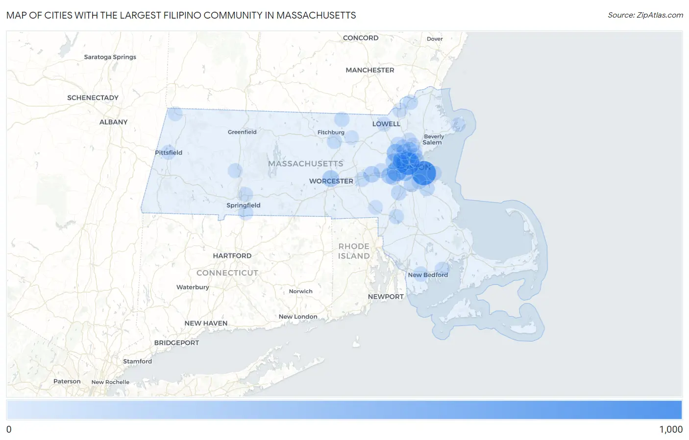 Cities with the Largest Filipino Community in Massachusetts Map