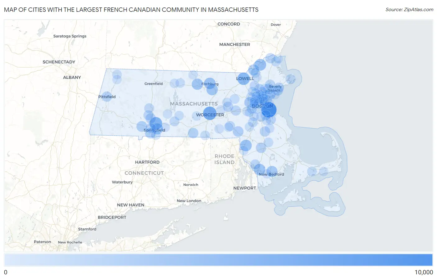 Cities with the Largest French Canadian Community in Massachusetts Map