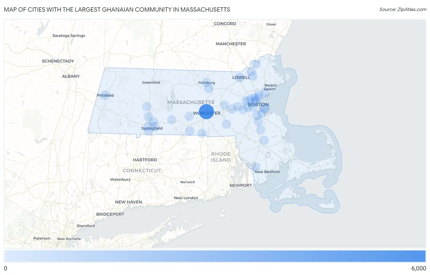 Cities with the Largest Ghanaian Community in Massachusetts Map