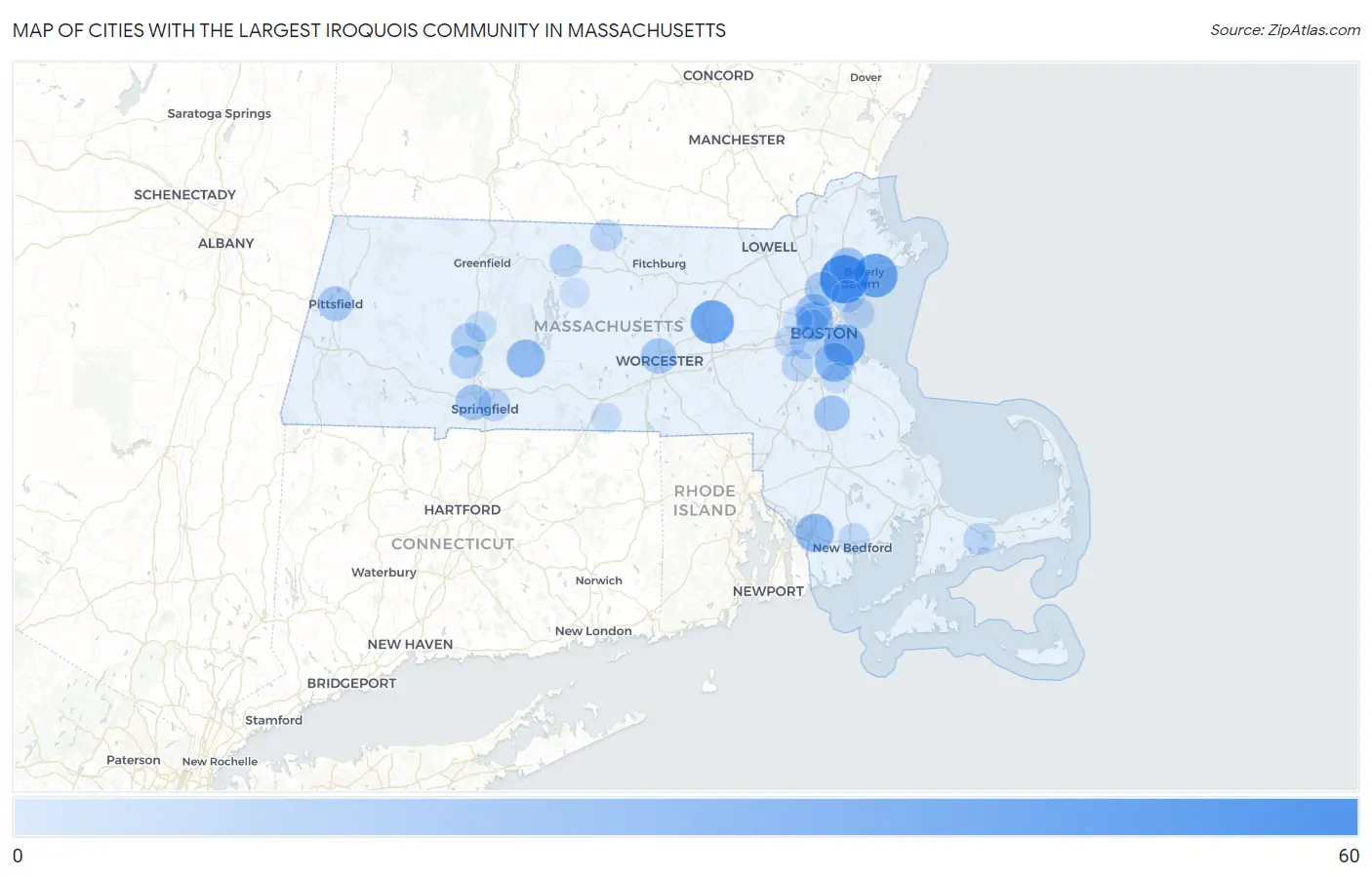 Cities with the Largest Iroquois Community in Massachusetts Map