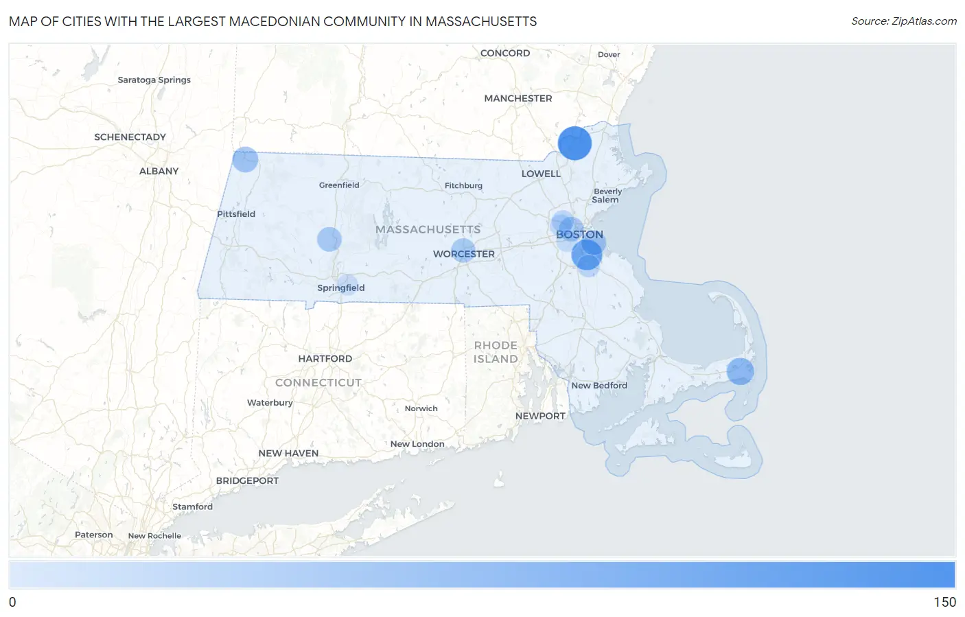 Cities with the Largest Macedonian Community in Massachusetts Map