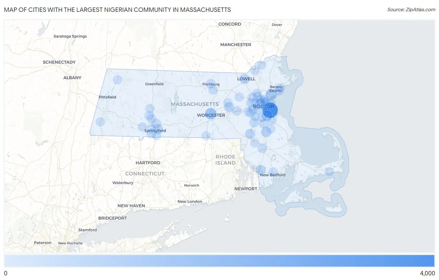 Cities with the Largest Nigerian Community in Massachusetts Map
