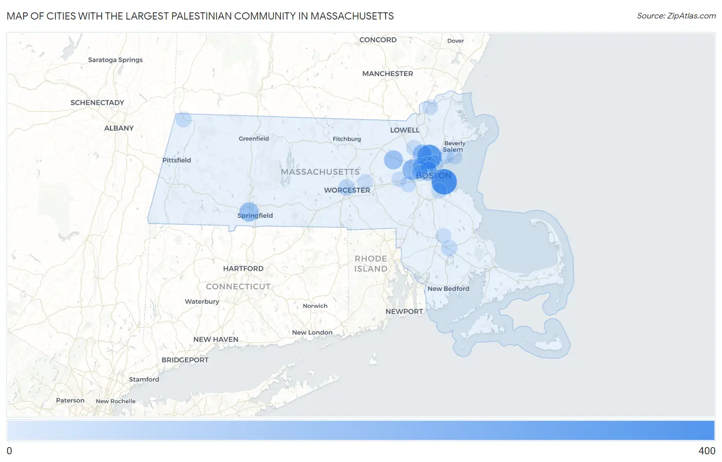 Cities with the Largest Palestinian Community in Massachusetts Map