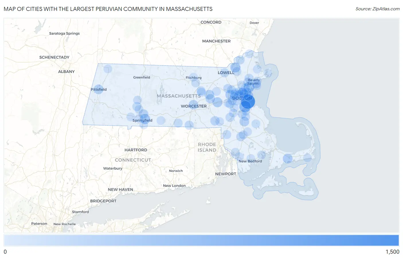 Cities with the Largest Peruvian Community in Massachusetts Map