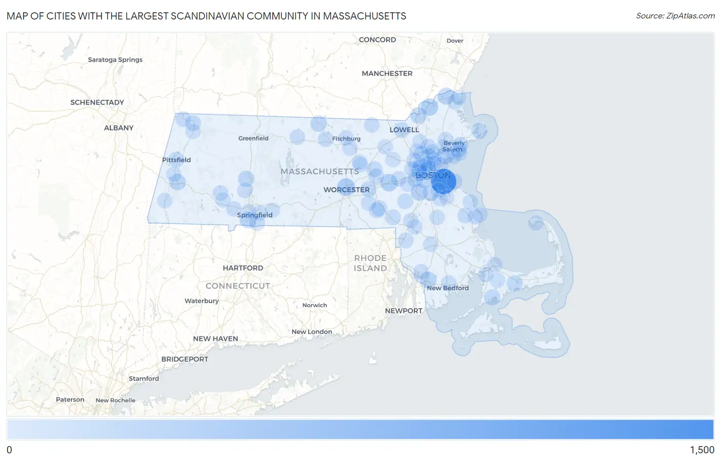 Cities with the Largest Scandinavian Community in Massachusetts Map