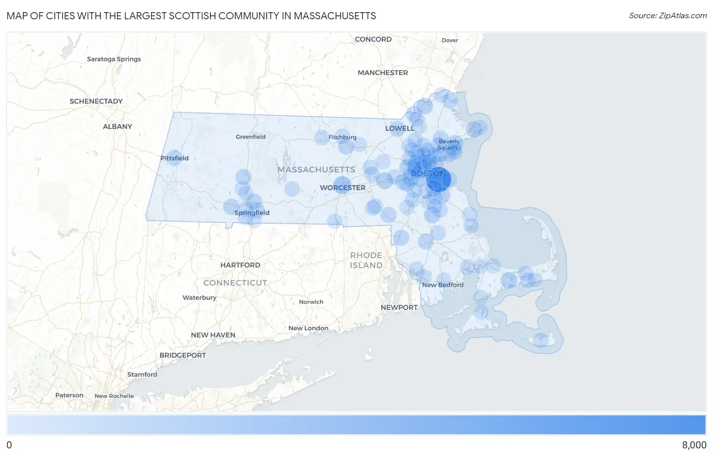 Cities with the Largest Scottish Community in Massachusetts Map