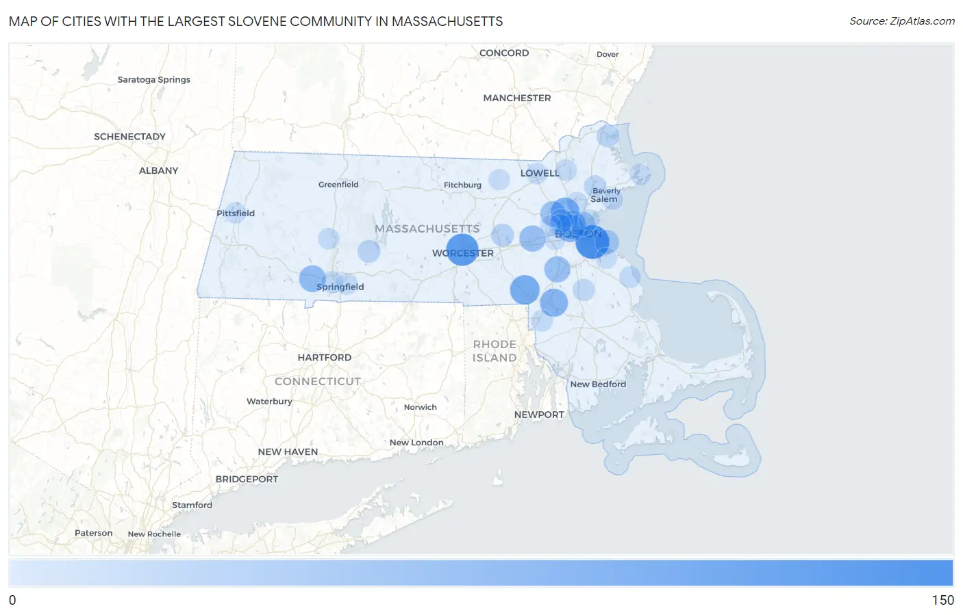 Cities with the Largest Slovene Community in Massachusetts Map