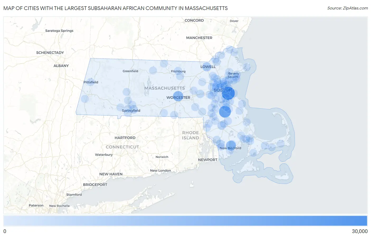 Cities with the Largest Subsaharan African Community in Massachusetts Map