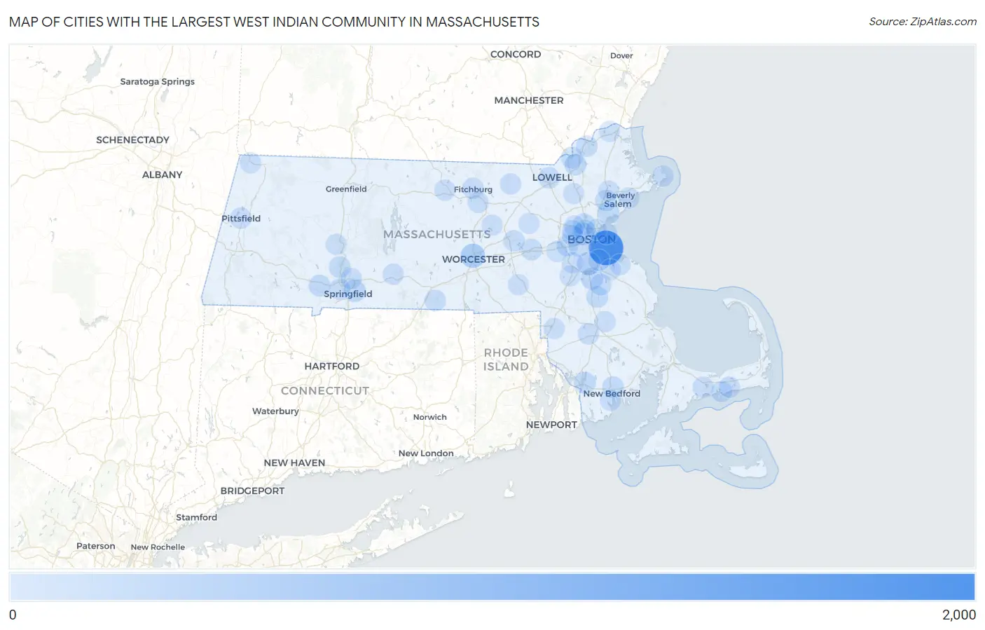 Cities with the Largest West Indian Community in Massachusetts Map