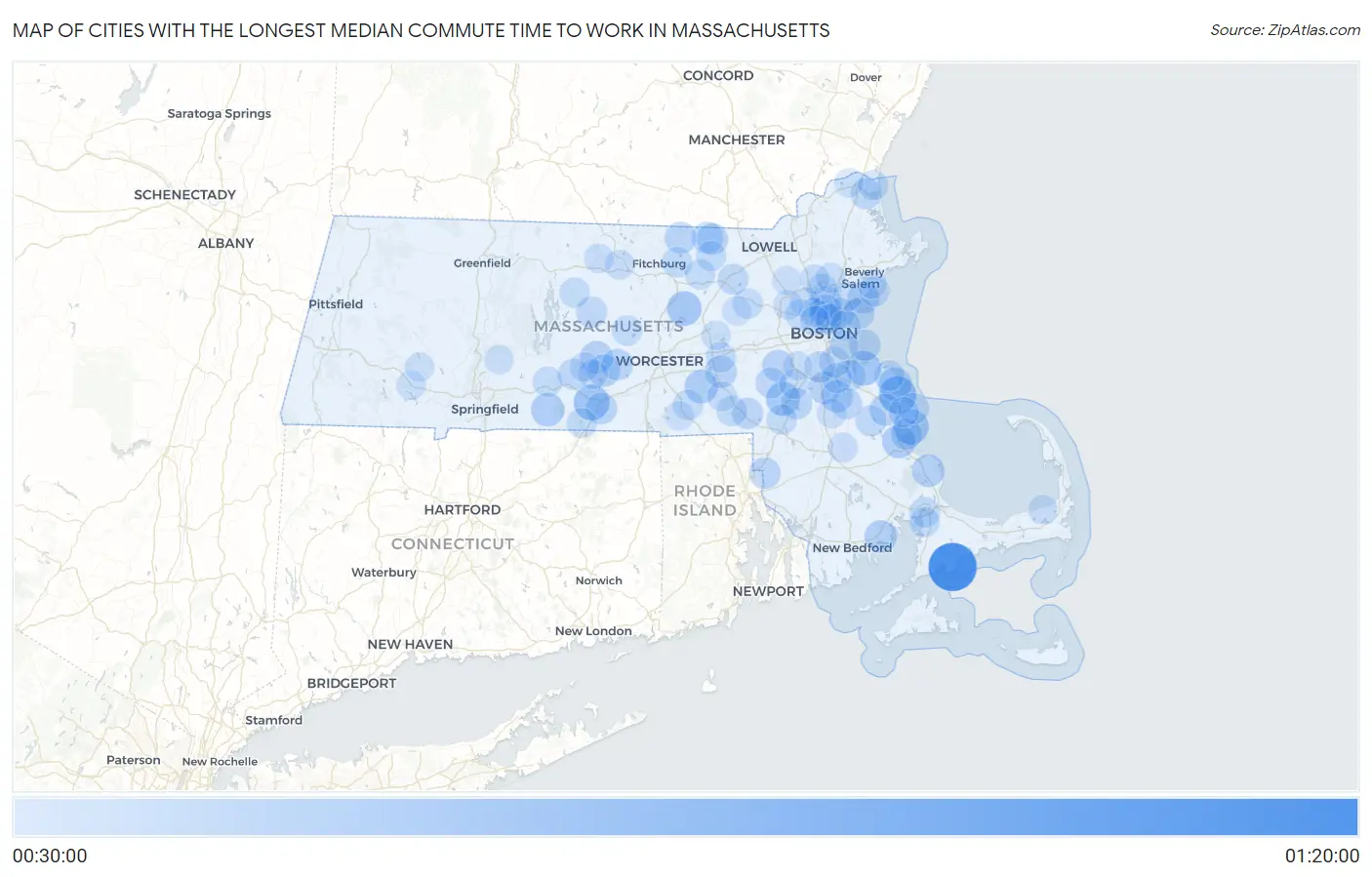Cities with the Longest Median Commute Time to Work in Massachusetts Map