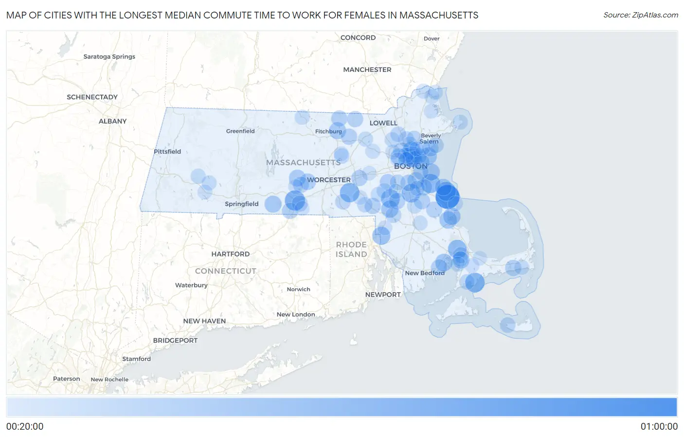 Cities with the Longest Median Commute Time to Work for Females in Massachusetts Map