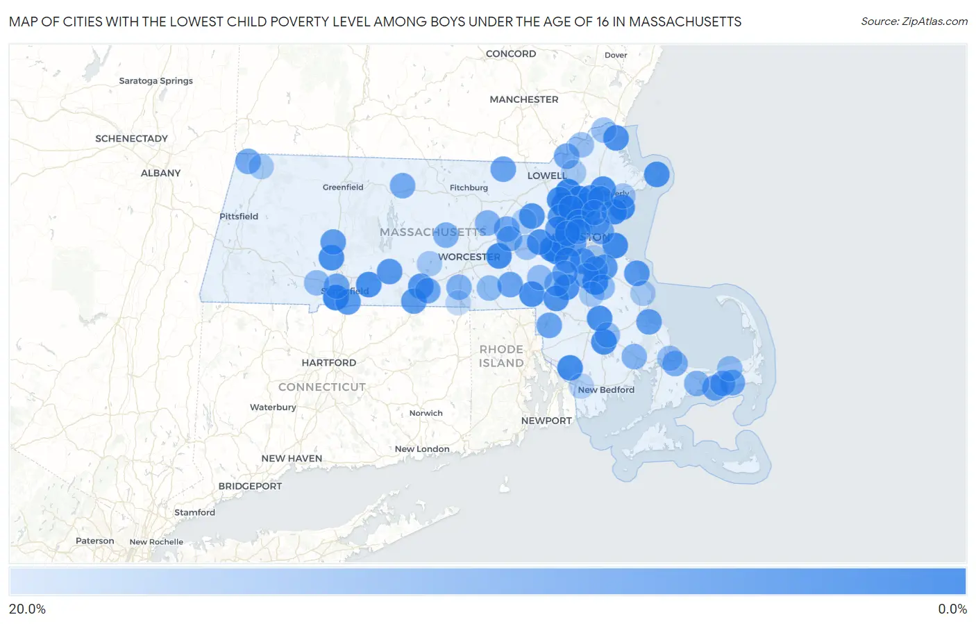 Cities with the Lowest Child Poverty Level Among Boys Under the Age of 16 in Massachusetts Map