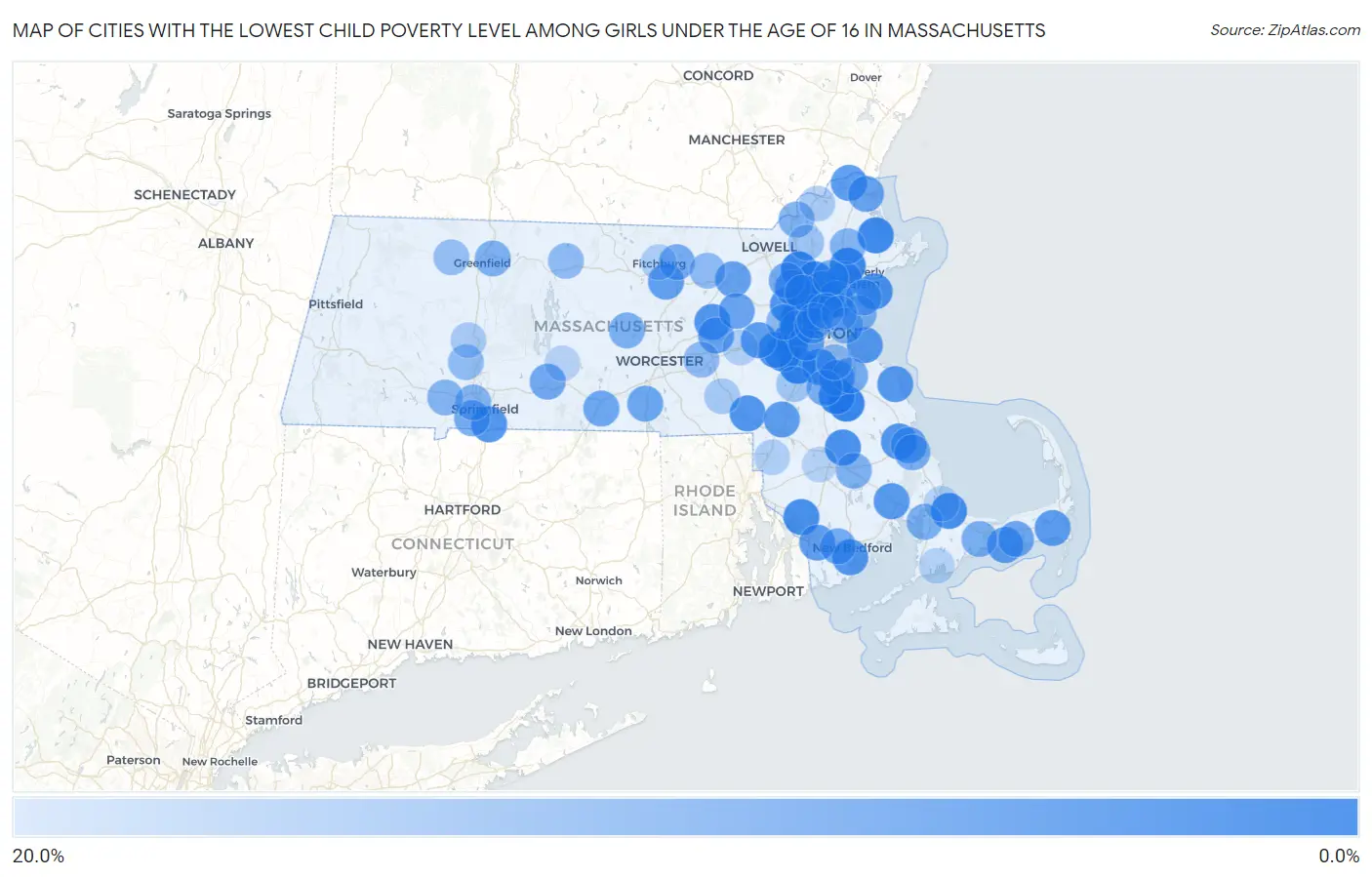 Cities with the Lowest Child Poverty Level Among Girls Under the Age of 16 in Massachusetts Map