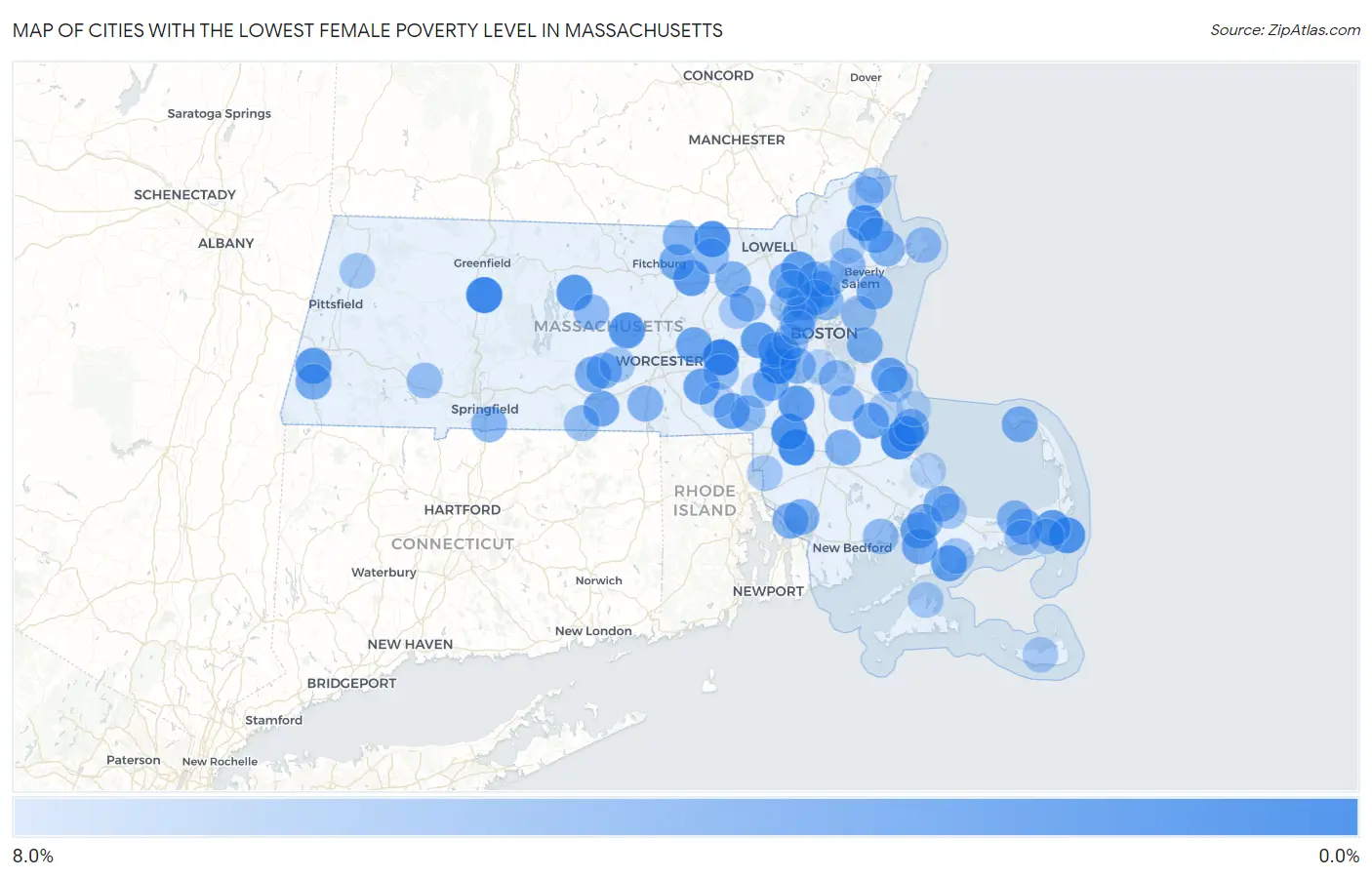 Cities with the Lowest Female Poverty Level in Massachusetts Map