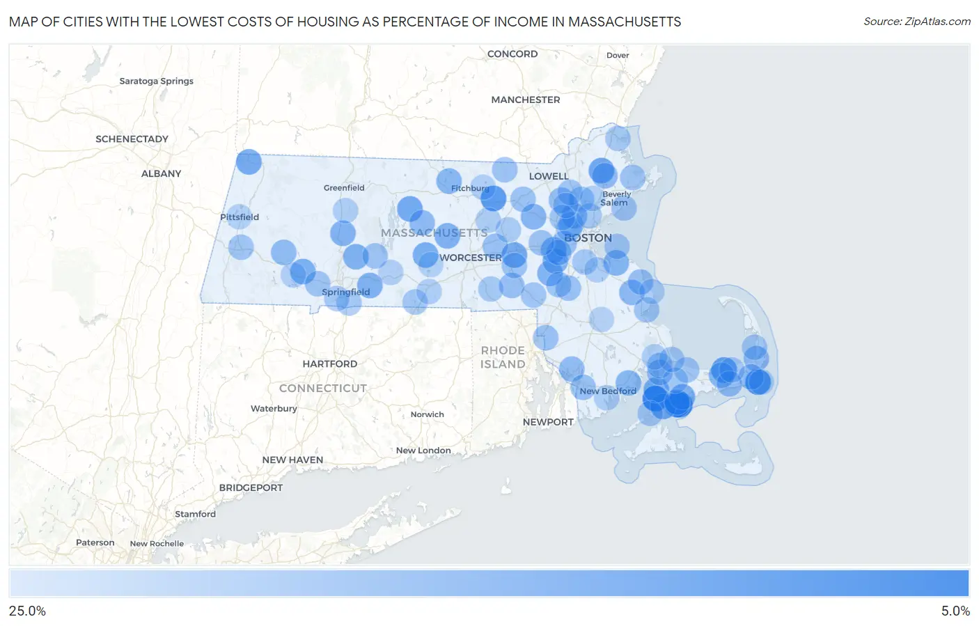 Cities with the Lowest Costs of Housing as Percentage of Income in Massachusetts Map