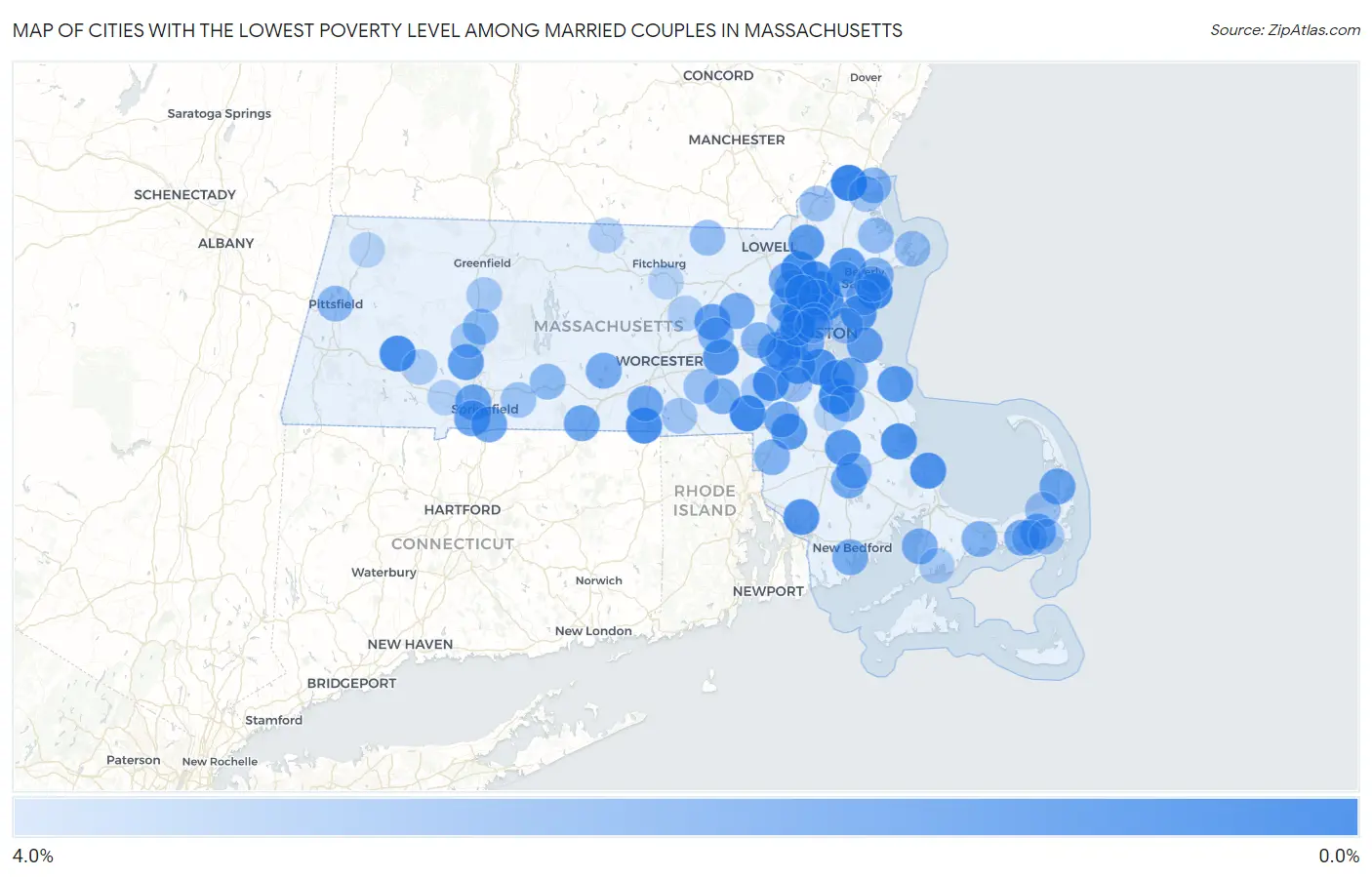Cities with the Lowest Poverty Level Among Married Couples in Massachusetts Map