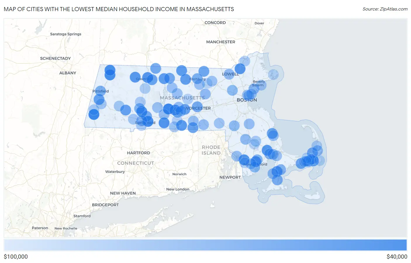Cities with the Lowest Median Household Income in Massachusetts Map