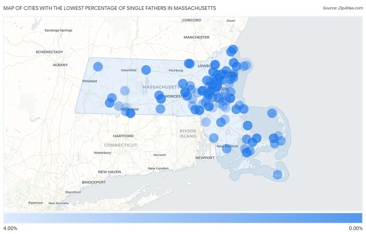 Cities with the Lowest Percentage of Single Fathers in Massachusetts Map