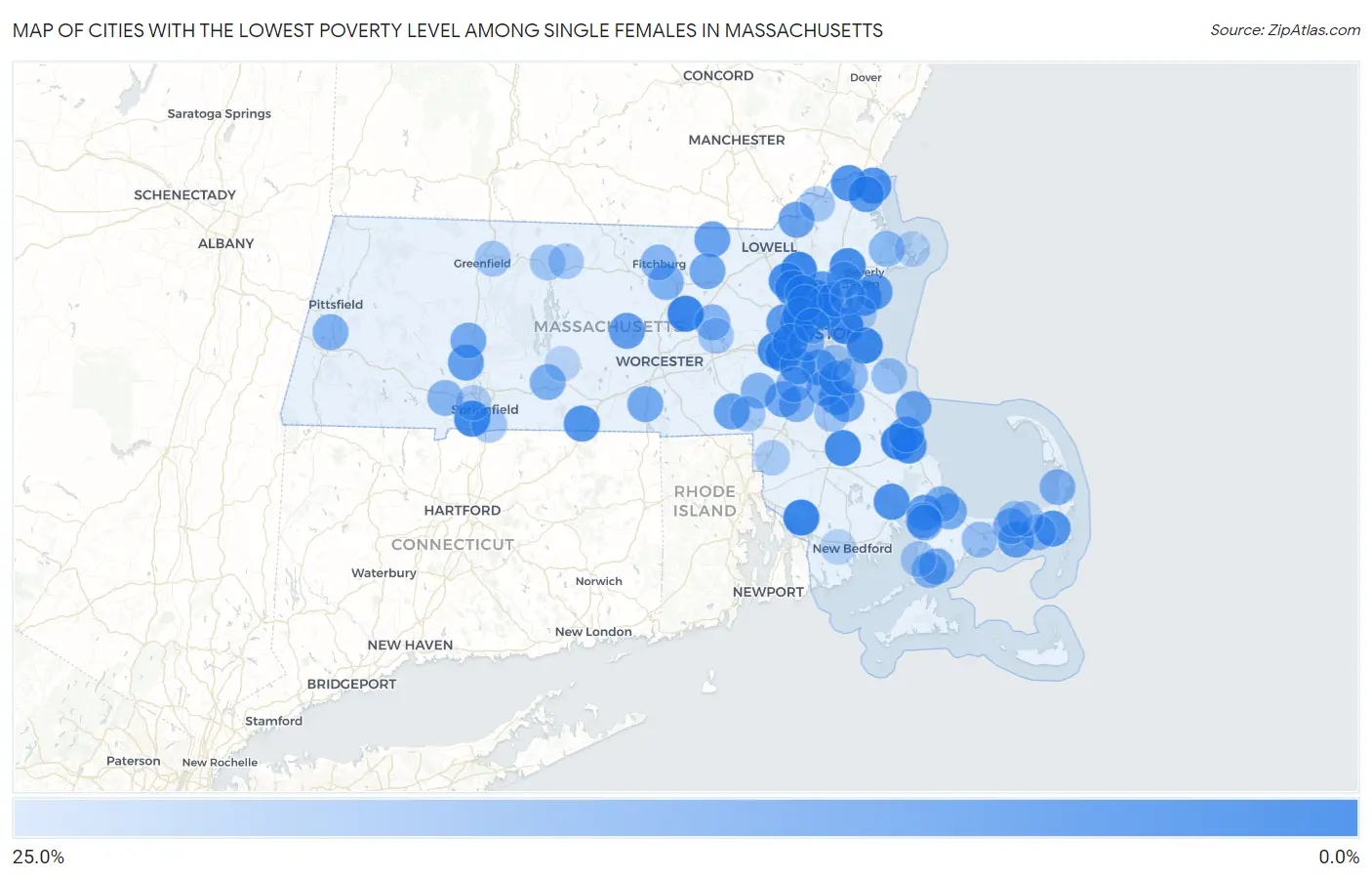 Cities with the Lowest Poverty Level Among Single Females in Massachusetts Map