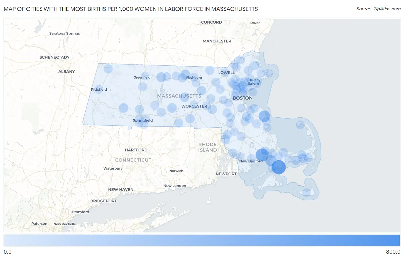 Cities with the Most Births per 1,000 Women in Labor Force in Massachusetts Map